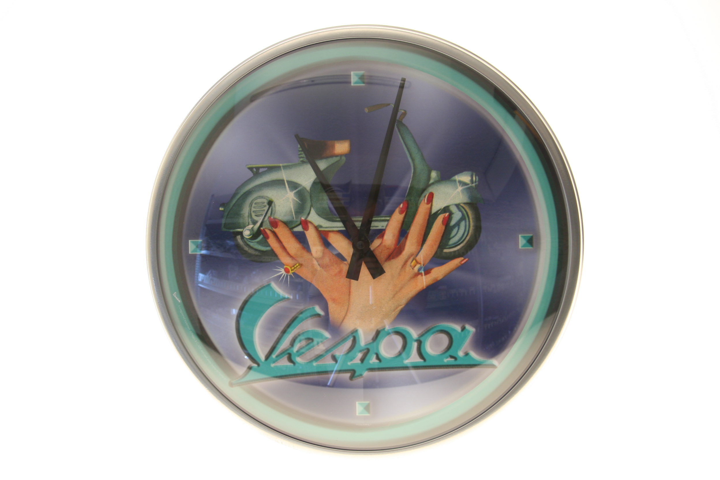 Wanduhr "Vespa", Lampe unten, grün, auf Händen, DM 32cm