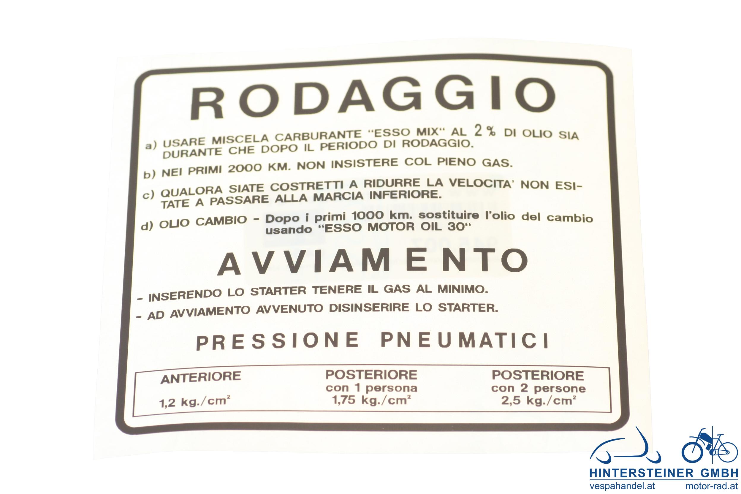 Aufkleber Einfahrvorschrift "Rodaggio", schwarz, klein
