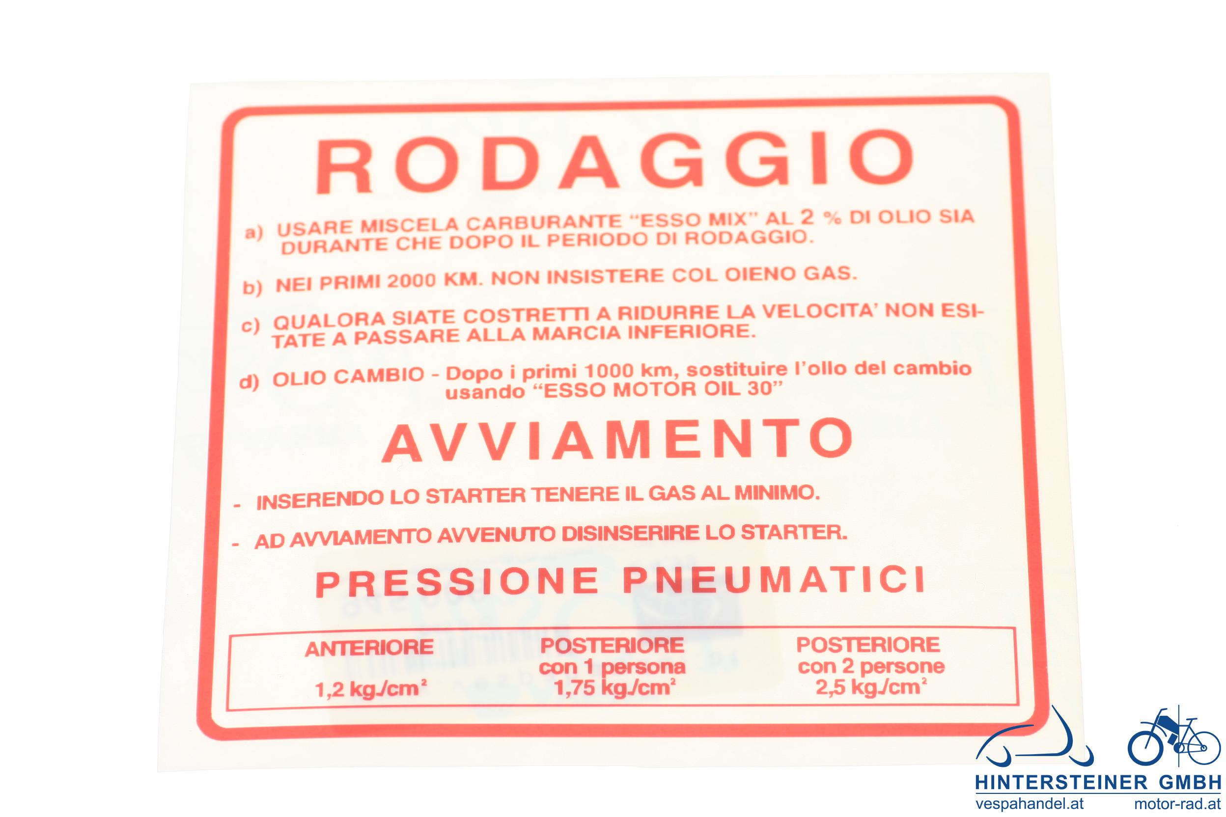 Aufkleber Einfahrvorschrift "Rodaggio", rot, klein, 2%